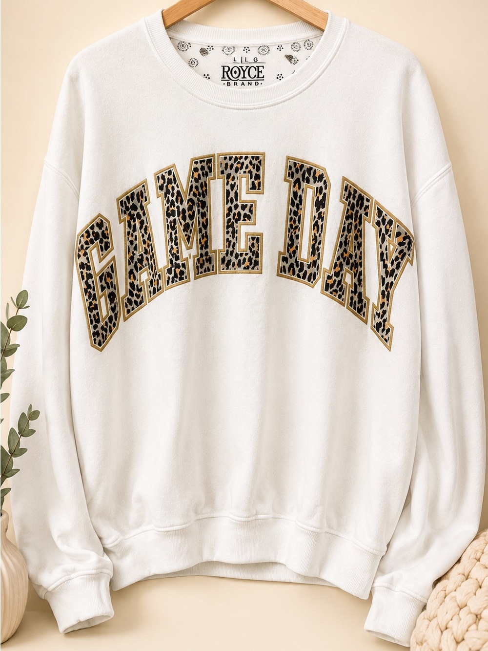 Royce Brand "GAME DAY" White Leopard-Print Pullover Sweatshirt